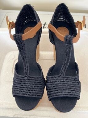 Tory Burch navy Woven T-Strap Wedge Sandals NEW Ankle Strap carina size 7
